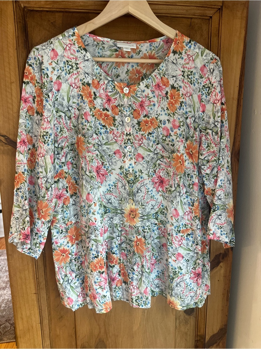 J.Jill Floral Peplum Button-Front Top - Orange & Pink Medium Petite